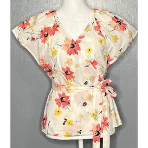 Women's Gap Short Sleeve Wrap Top in White Floral Print 100% Cotton Sz S